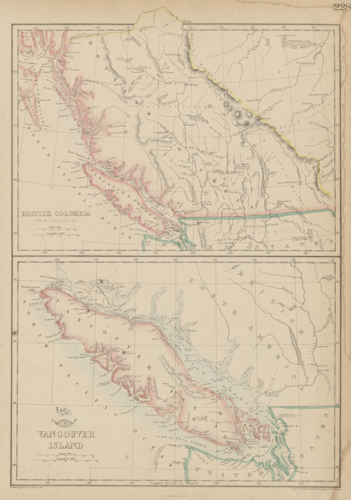BRITISH COLUMBIA NEW CALEDONIA VANCOUVER ISLAND. San Juan arch. WELLER 1862 map